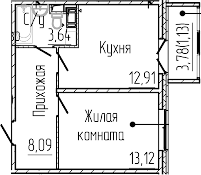 1-комнатная квартира 38.89 м², 8/8 эт., ЖК «SERTOLOVO PARK»